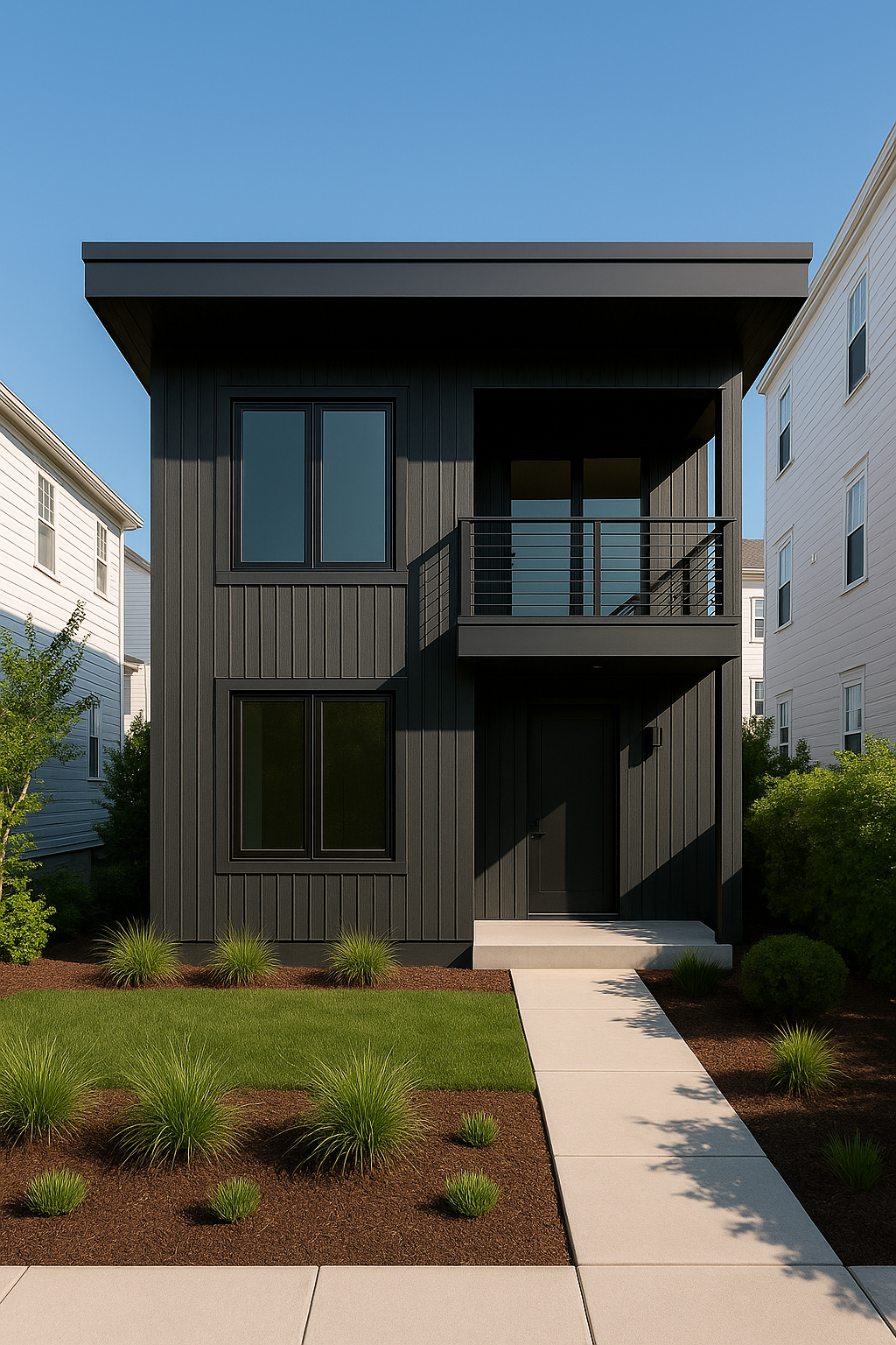 The 500: photoreal rendering (vertical charcoal, two-story)